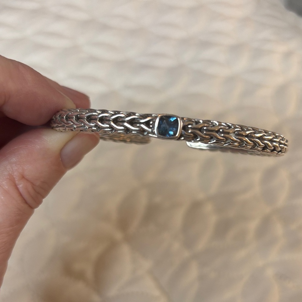 John Hardy .925 Silver Braided Bracelet with Blue Sapphire Stone Hinged